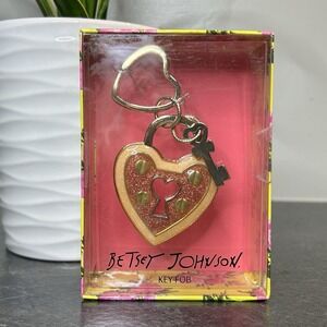Vtg Betsey Johnson Y2K‎ Pink Glitter Enamel Heart Lock Gold Tone Key Fob NEW